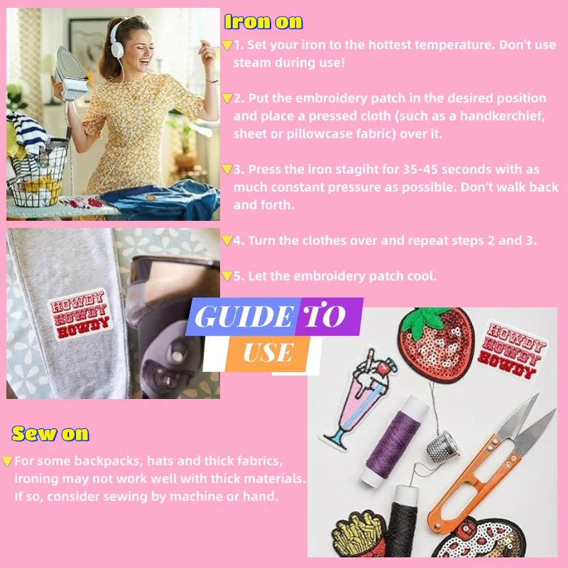 Guide to use for iron on embroidery patch showing ironing steps and tools