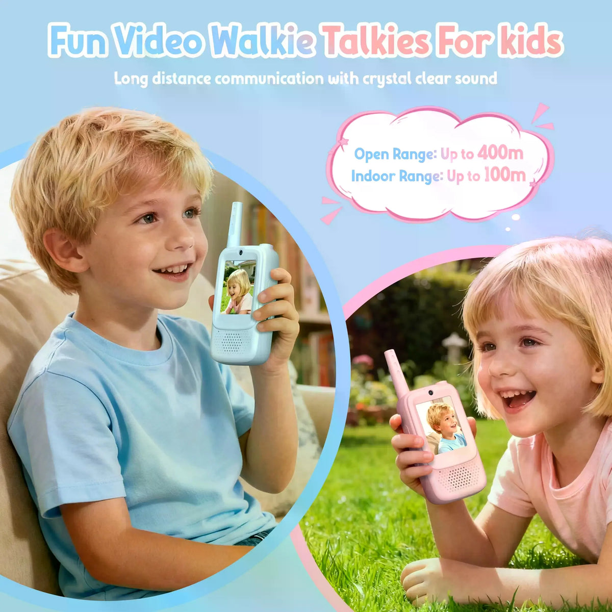 A young boy and girl are using pink walkie talkies for long distance communication outdoors.