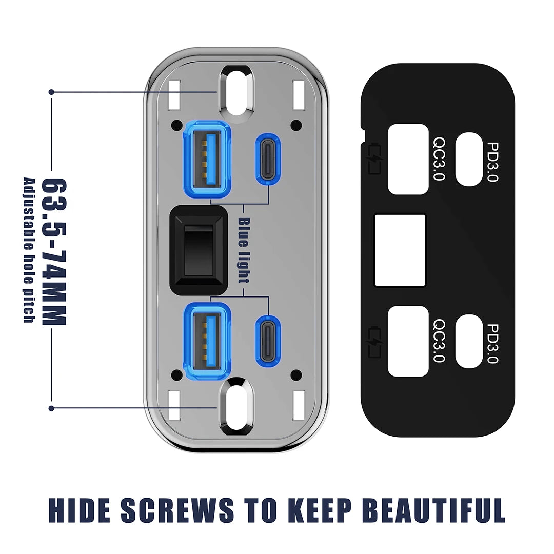 A silver USB power outlet module showing blue light indicators and ports for PD 3.0 and QC 3.0 fast charging.