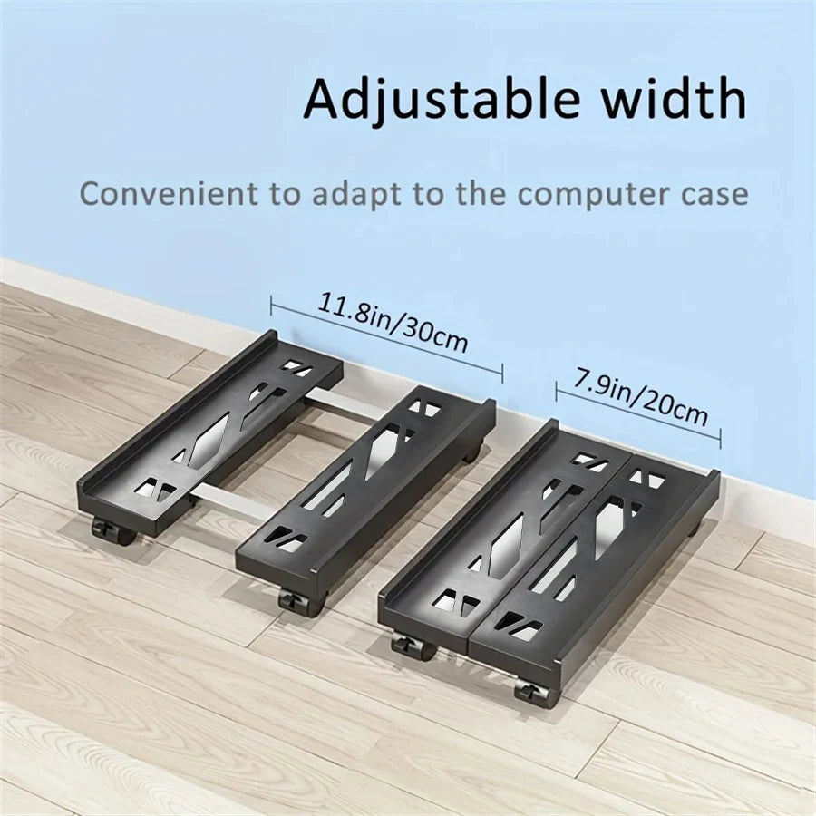 Adjustable rolling CPU stand with wheels for under-desk use shown in black on a wooden floor.