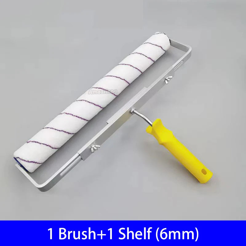 A paint roller with a white and purple textured cover is shown mounted on an aluminum alloy shelf.