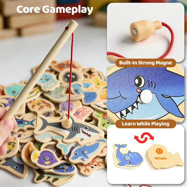 Wooden magnetic fishing toys featuring marine animals for kids learning game