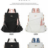 A set of women's anti-theft vegan leather backpacks in black, white, and black and white combinations.