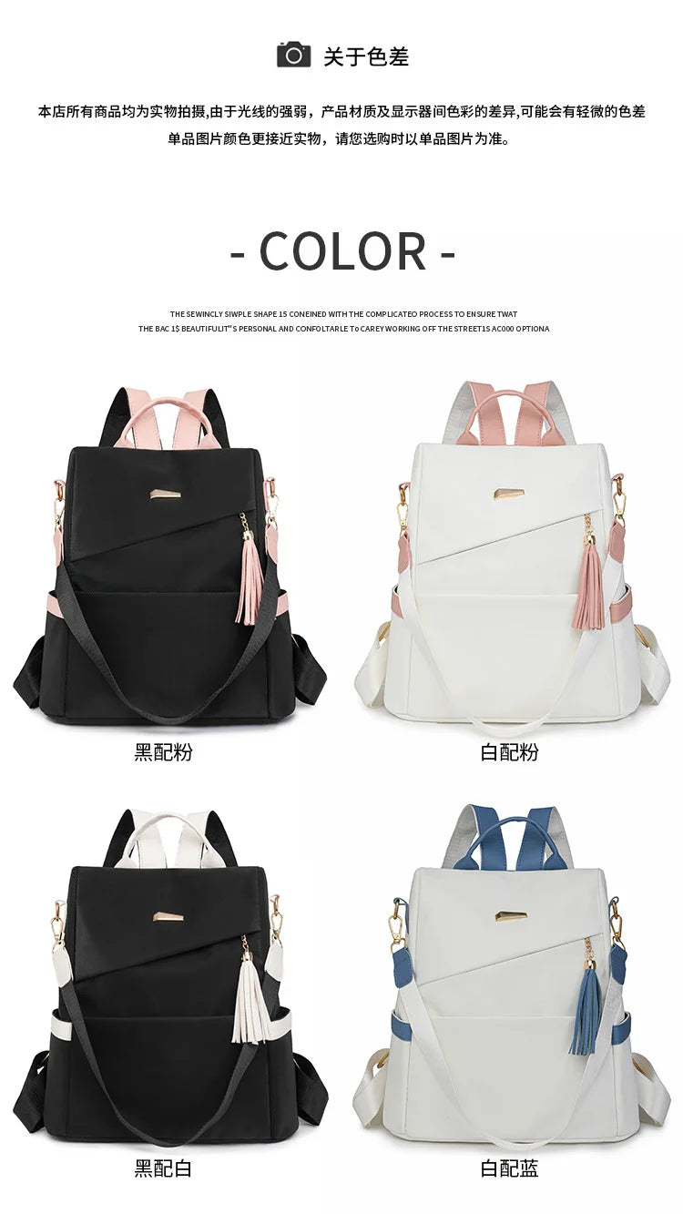 A set of women's anti-theft vegan leather backpacks in black, white, and black and white combinations.
