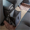 A black foldable car trash can and organizer with a waterproof liner is shown inside a dark car seat.