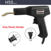 Black H50 plastic welding gun with a gold nozzle and separate US/EU plugs.
