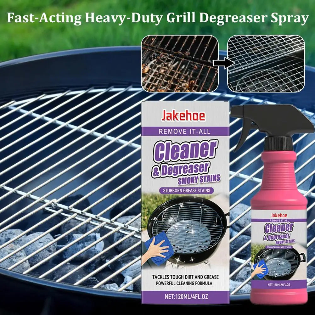 A bottle of Jakehoe Cleaner & Degreaser Spray is shown next to a grill grate and a close-up of the spray application.