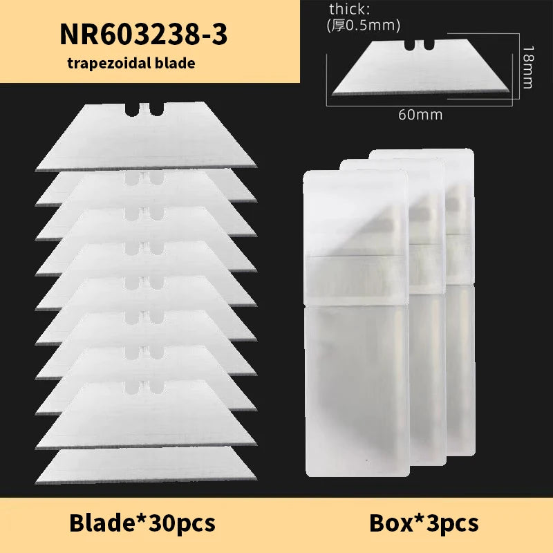 A set of 30 trapezoidal utility blades with a storage box, showing the blade thickness and dimensions.