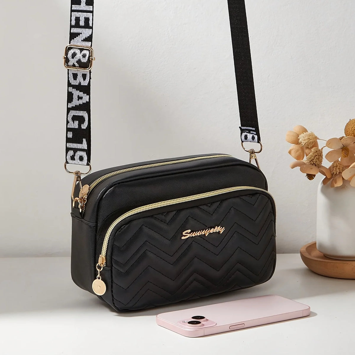 Quilted Crossbody Camera Bag with Wide Letter Strap