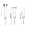 A set of four metal tuning forks with activators, showing various frequencies like 128, 136, 256, and 384 Hz.