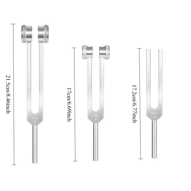 A set of four metal tuning forks with activators, showing various frequencies like 128, 136, 256, and 384 Hz.