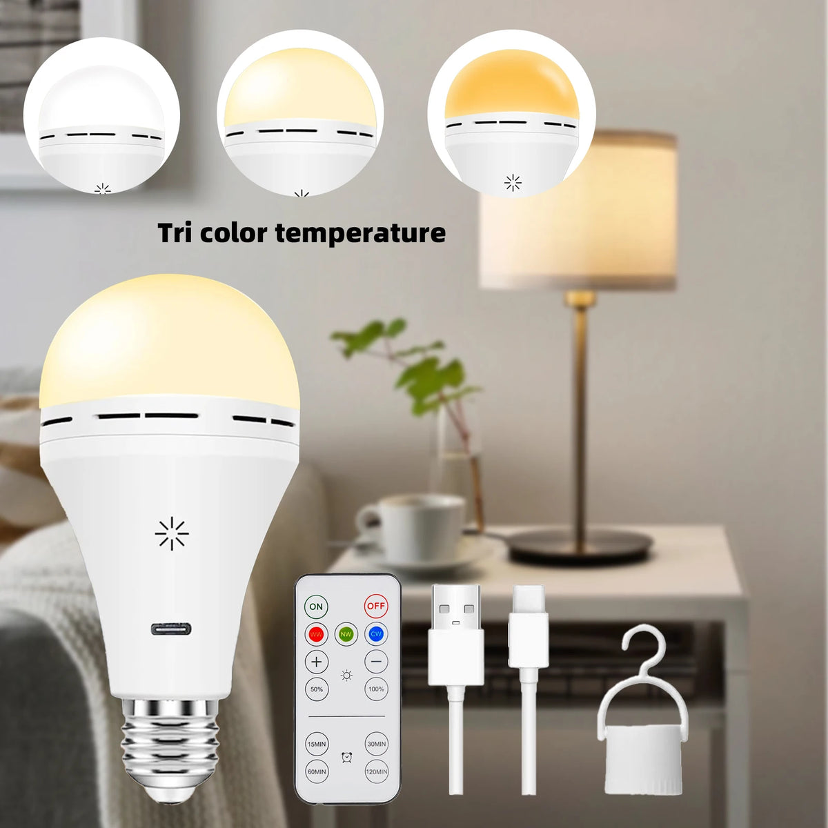 A white LED light bulb with a remote control and three color temperature options shown next to a lamp.