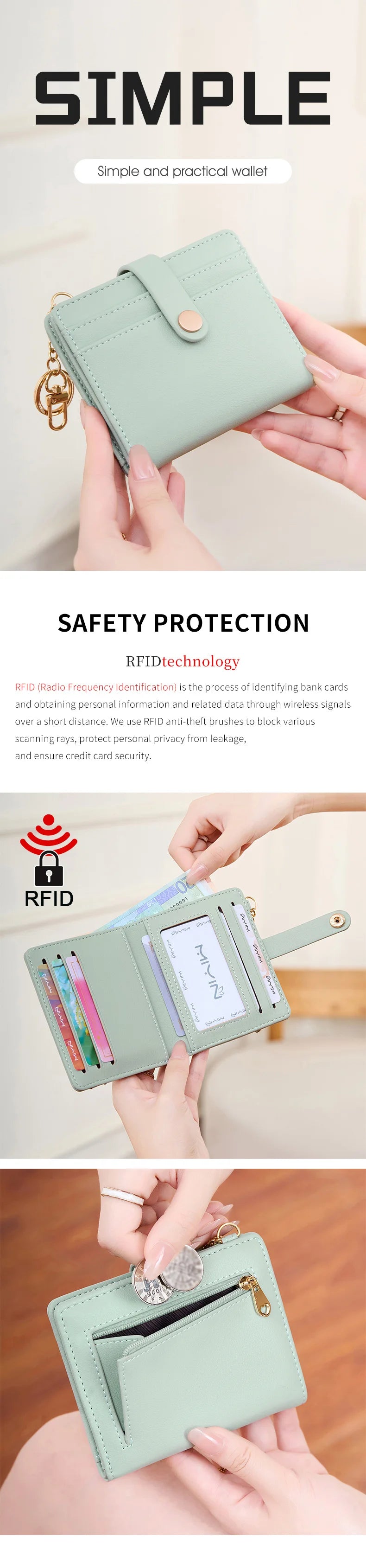 A close-up of a mint green RFID shielded bi-fold credit card wallet being held by a person.