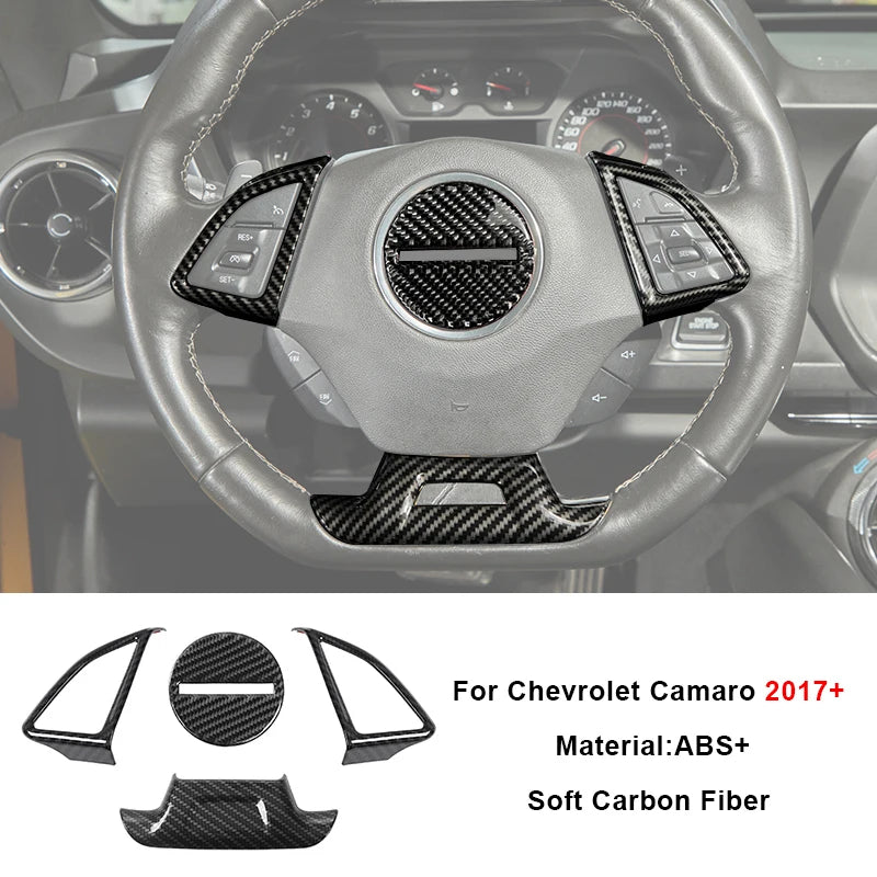 Carbon fiber interior trim kit for Chevrolet Camaro 2017+ featuring steering wheel accents and trim pieces