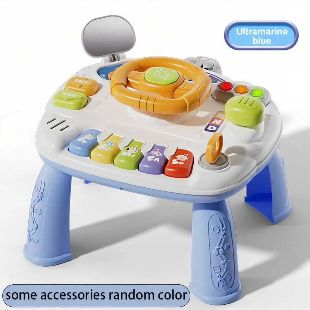 A white baby interactive activity table featuring a steering wheel, various colored buttons, and accessories.