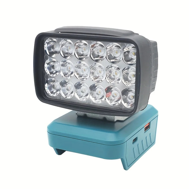 A portable LED work light with a black housing and multiple clear bulbs mounted on a teal base.