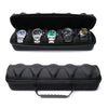 Black portable leather watch travel case with soft lining displaying five different watches.