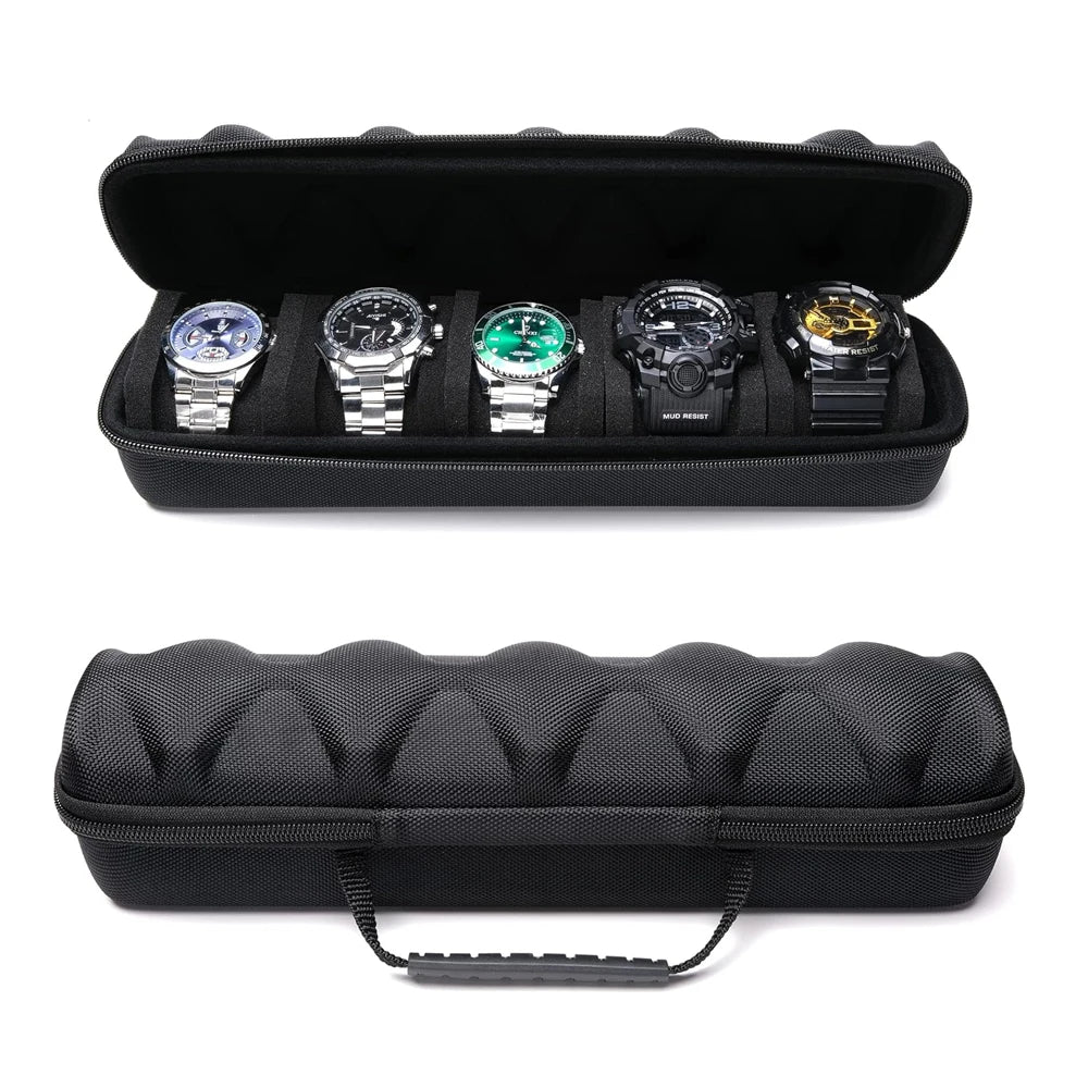 Black portable leather watch travel case with soft lining displaying five different watches.