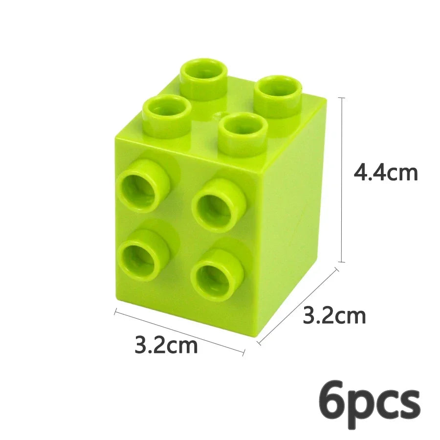 A lime green set of six chunky building blocks with circular holes for construction.