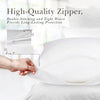 A hand is shown opening a white pillow protector, highlighting the high-quality zipper and tight weave for protection.