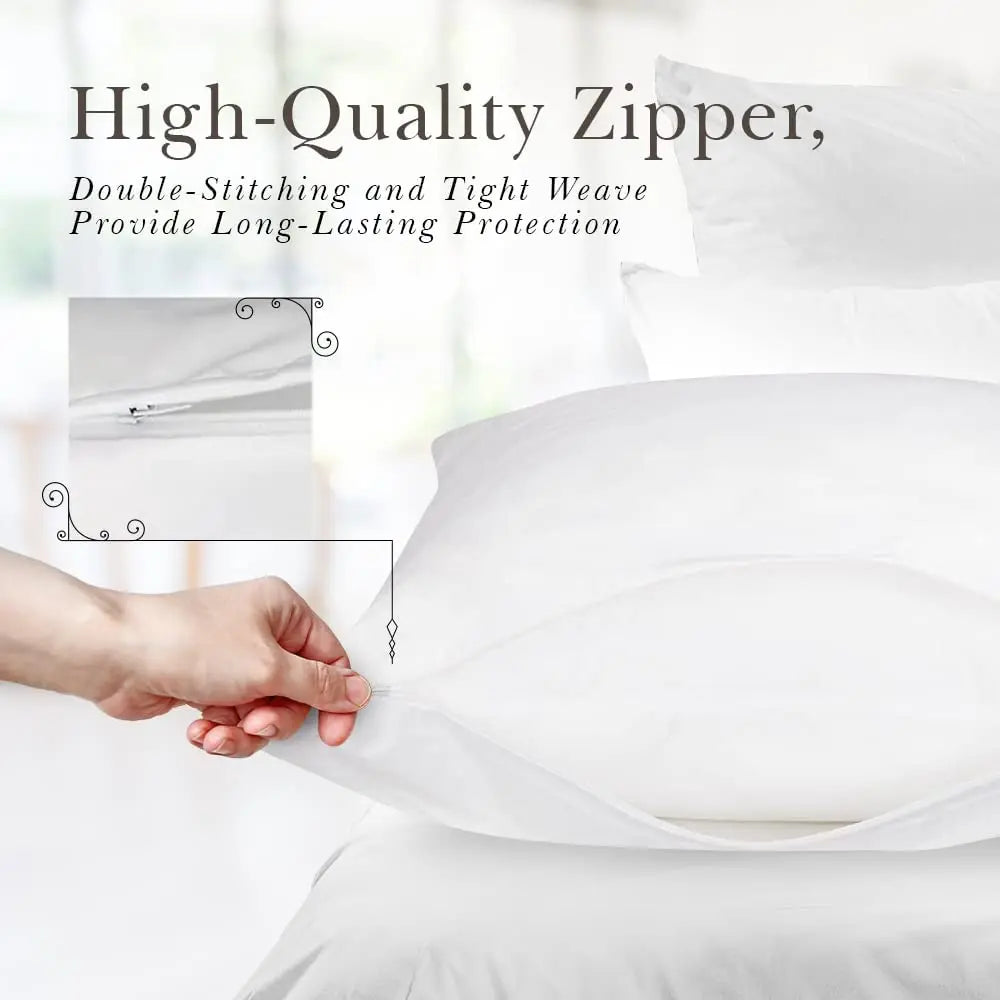 A hand is shown opening a white pillow protector, highlighting the high-quality zipper and tight weave for protection.