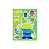 A set of reusable stickers featuring characters from Toy Story including Woody, Buzz Lightyear, and other friends on a green 