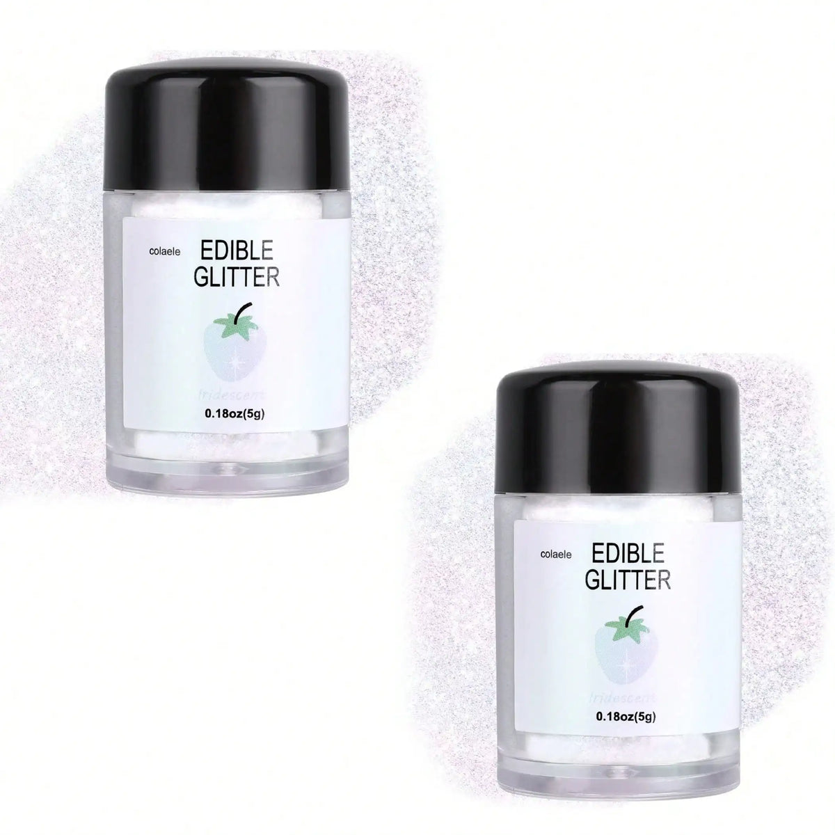A glass jar of edible glitter powder labeled Edible Glitter from Colaele