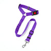 Purple adjustable reflective dog car safety harness with a black headrest strap