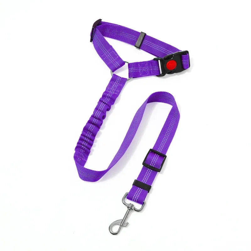 Purple adjustable reflective dog car safety harness with a black headrest strap