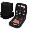 A black portable multi-function sewing kit containing threads, needles, and various tools is displayed.