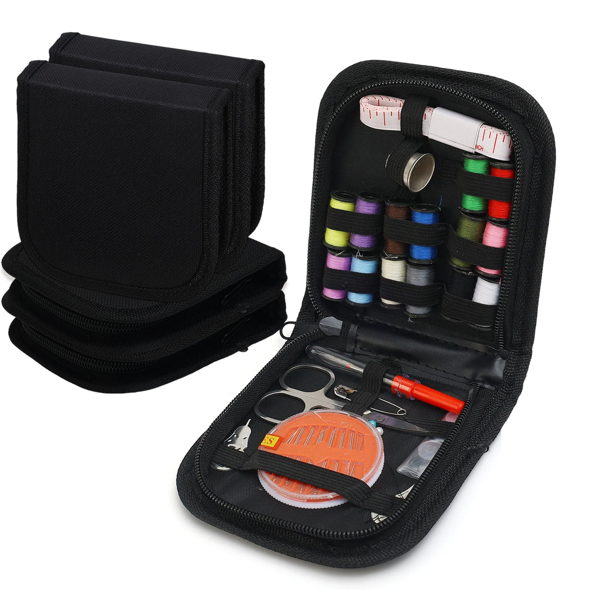 A black portable multi-function sewing kit containing threads, needles, and various tools is displayed.