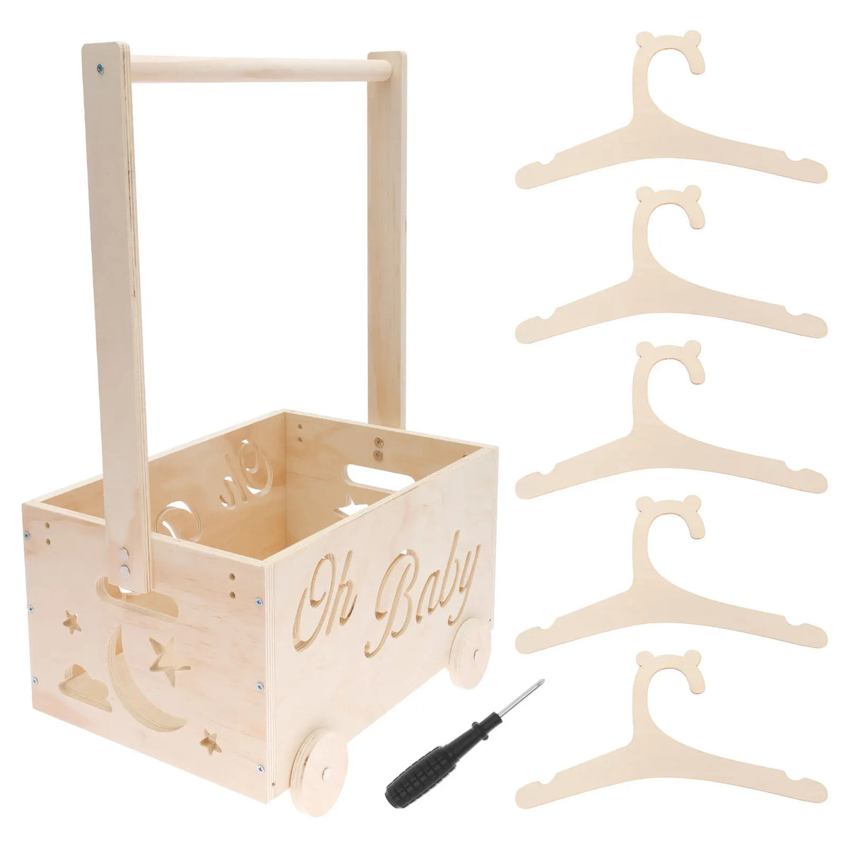 A rustic wooden baby shower crate with a handle and several wooden curved pieces for decoration.