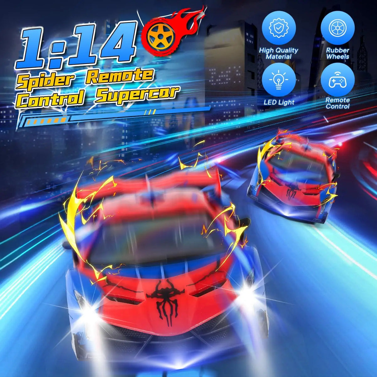 A red and blue spider-themed remote control supercar is shown in a dynamic racing context.