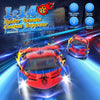 A red and blue spider-themed remote control supercar is shown in a dynamic racing context.