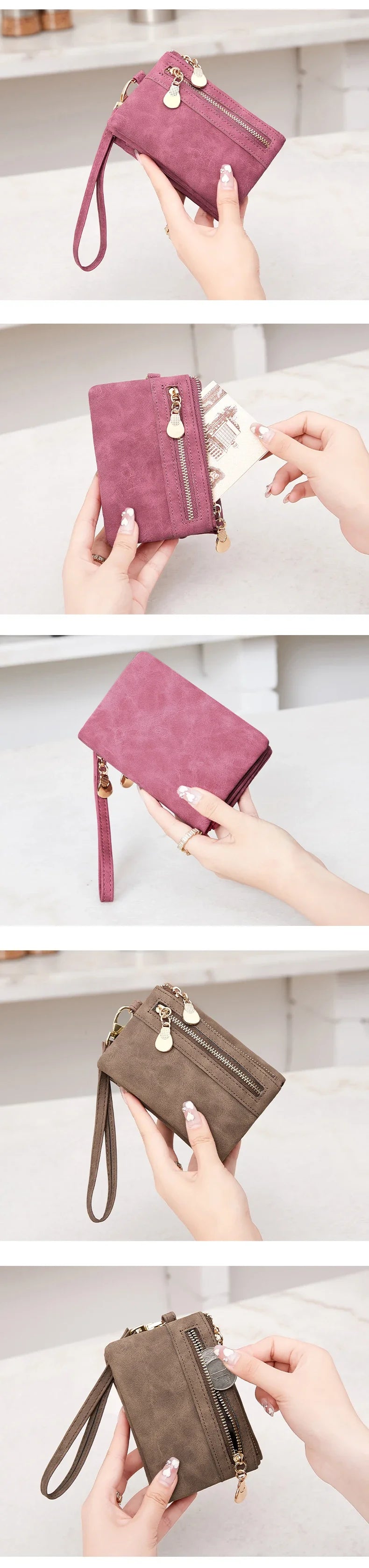 Vintage PU Leather Foldable Clutch Wallet with Wrist Strap