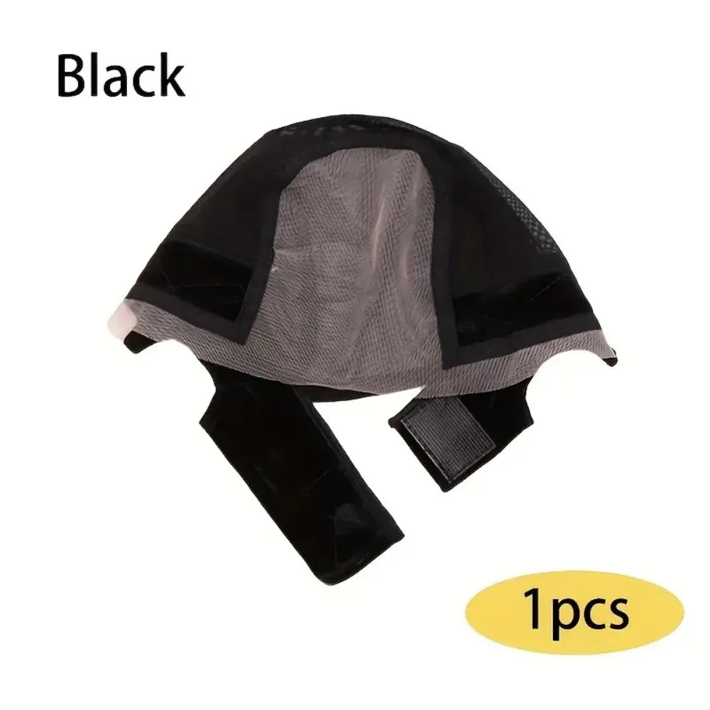 Black adjustable non-slip lace wig grip cap shown flat