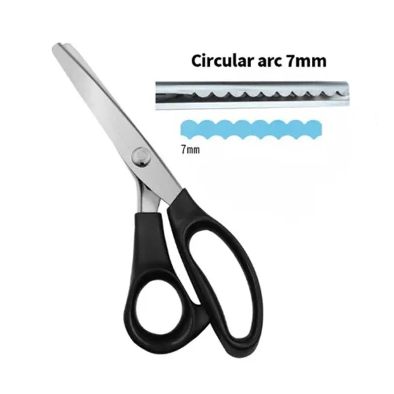 Stainless steel pinking shears with a 7mm circular arc and a 7mm ruler for fabric crafting