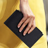A hand holds a black RFID blocking bifold wallet with a double zipper security feature against a yellow background.