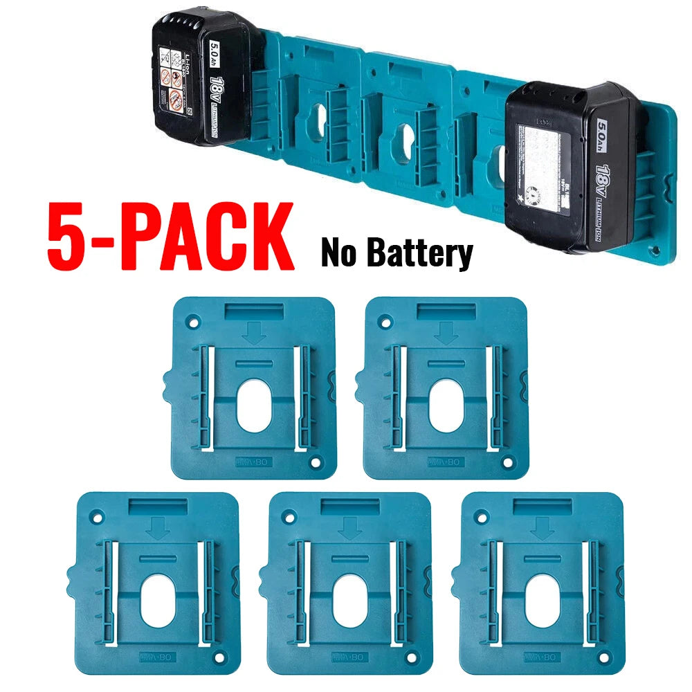 A set of five blue wall-mount holders for Makita 18V batteries and power tools, sold without batteries.