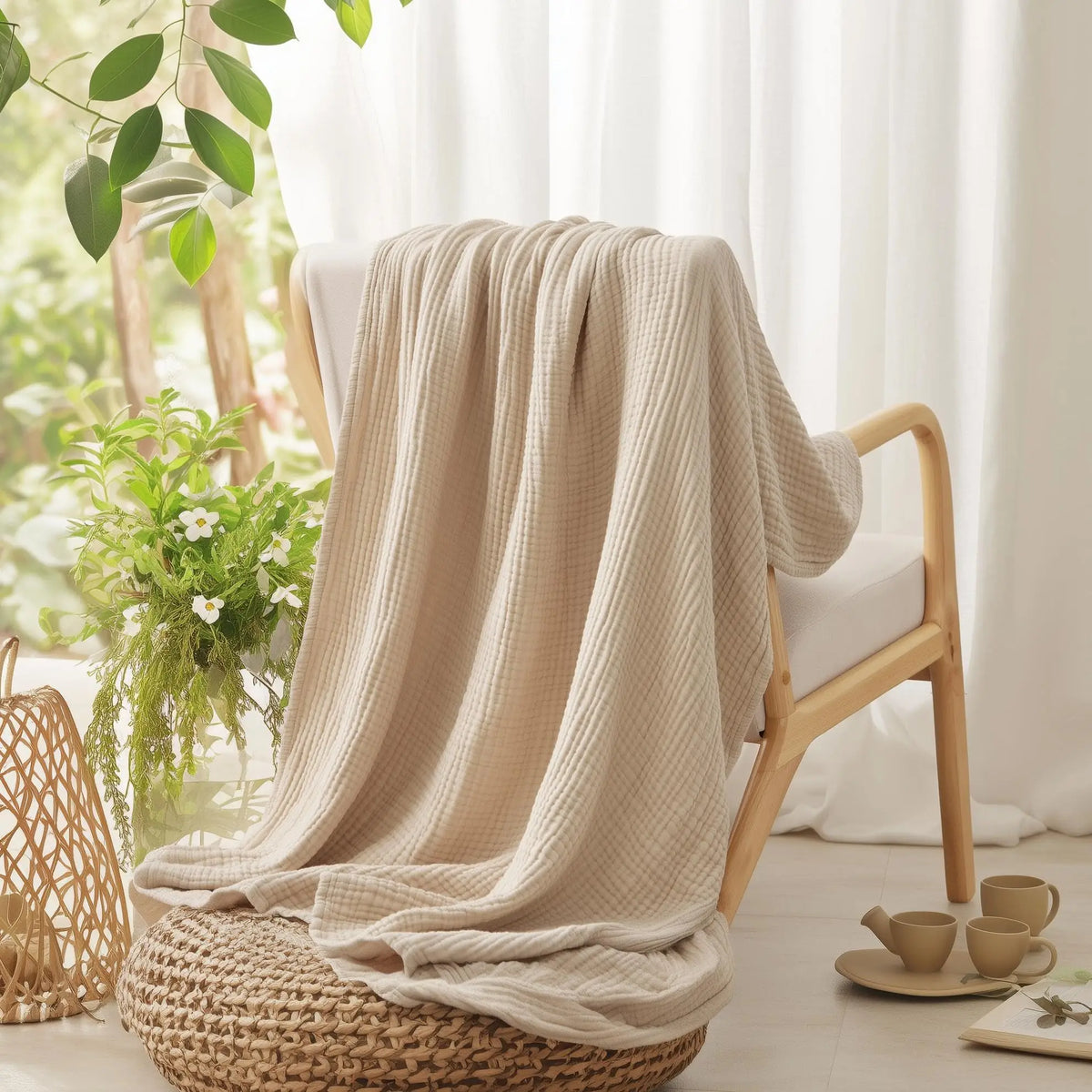 A beige soft muslin cotton blanket draped over a wooden chair and resting on a woven seat.