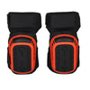 A pair of black heavy-duty gel knee pads with orange accents and adjustable straps.