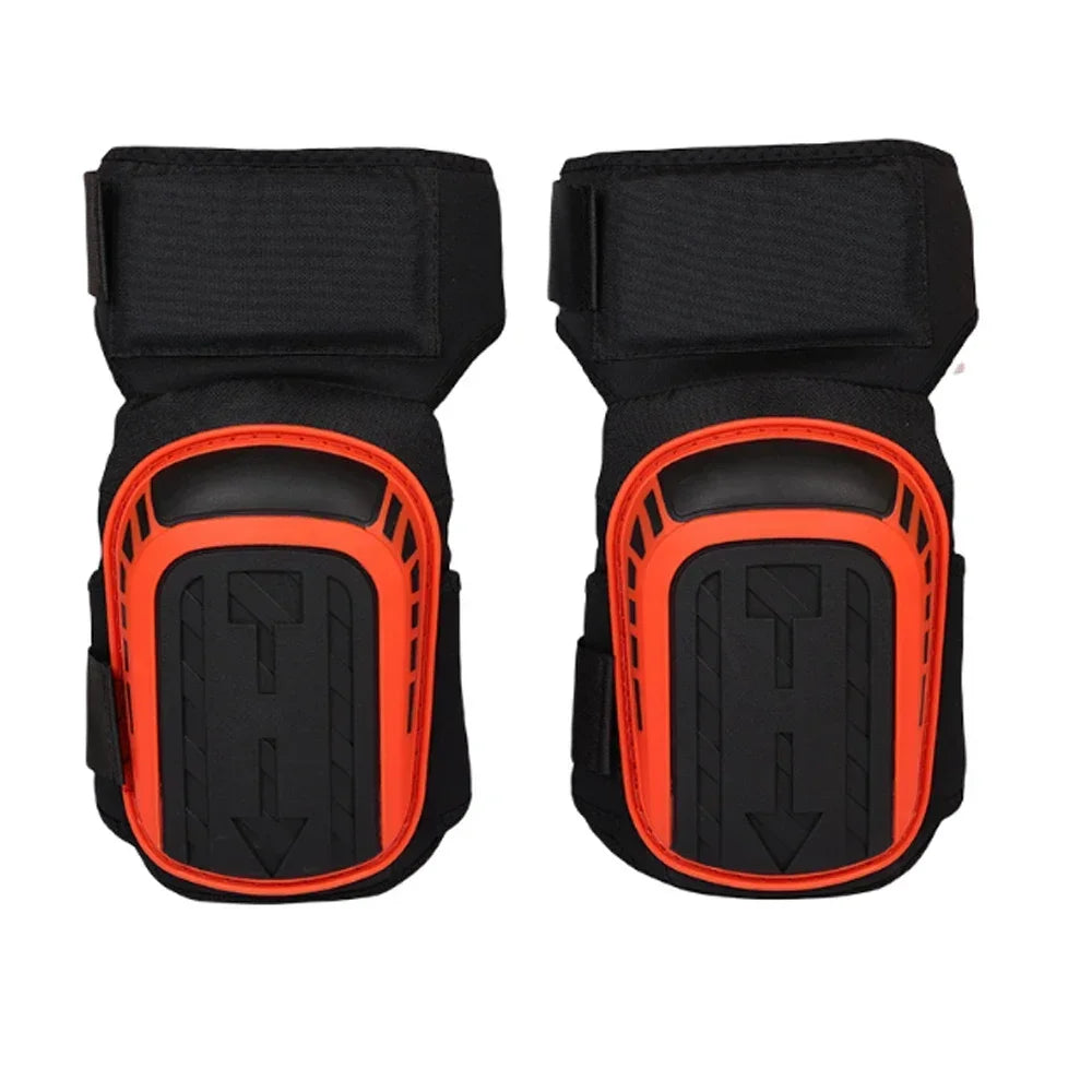 A pair of black heavy-duty gel knee pads with orange accents and adjustable straps.