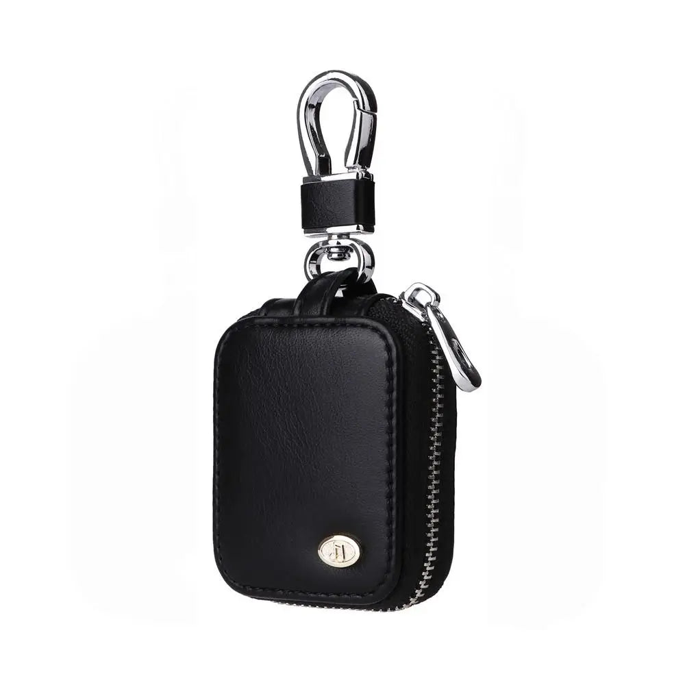 Black PU leather protective case for earbuds with an anti-lost hook.