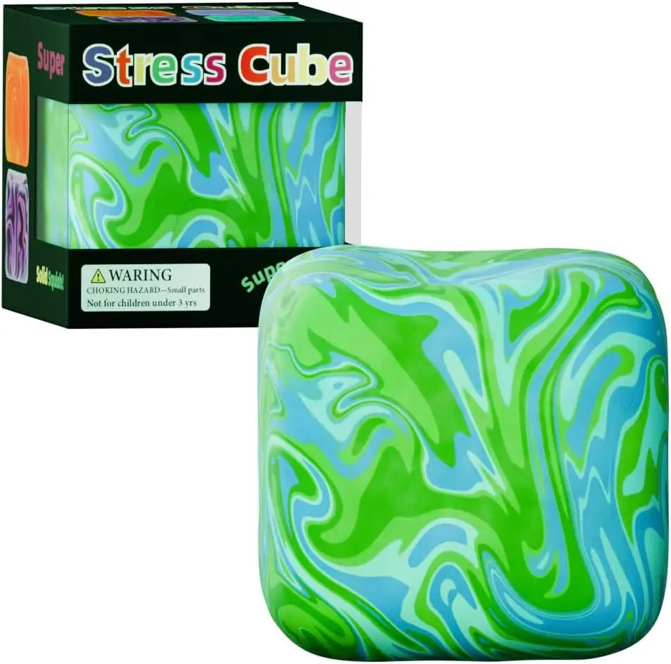 Cube sensoriel marbré vert et bleu pour jouer et soulager