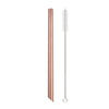A tall, rose gold reusable stainless steel drinking straw with an attached cleaning brush.