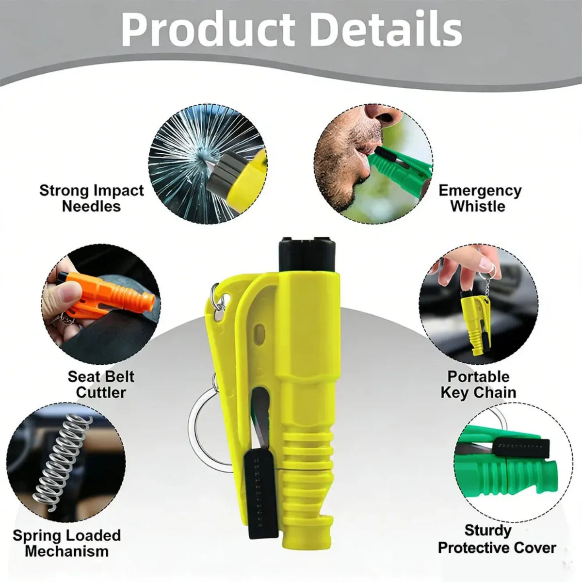 Yellow 3-in-1 car emergency tool featuring needles, whistle, cutter, and chain.