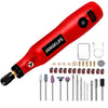 A red cordless rotary tool kit for precision engraving, sanding, and drilling tools is shown.