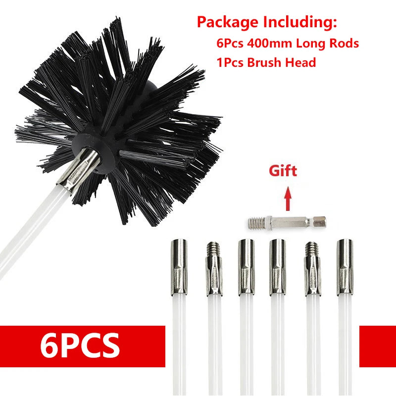 Package including 6 pieces of 400mm long rods and 1 brush head for flexible chimney and dryer vent cleaning.