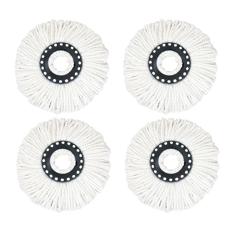 Four white microfiber mop head refills with rotating round pads and black accents.