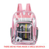 A pink transparent waterproof shoulder bag with a zipper containing various small items.